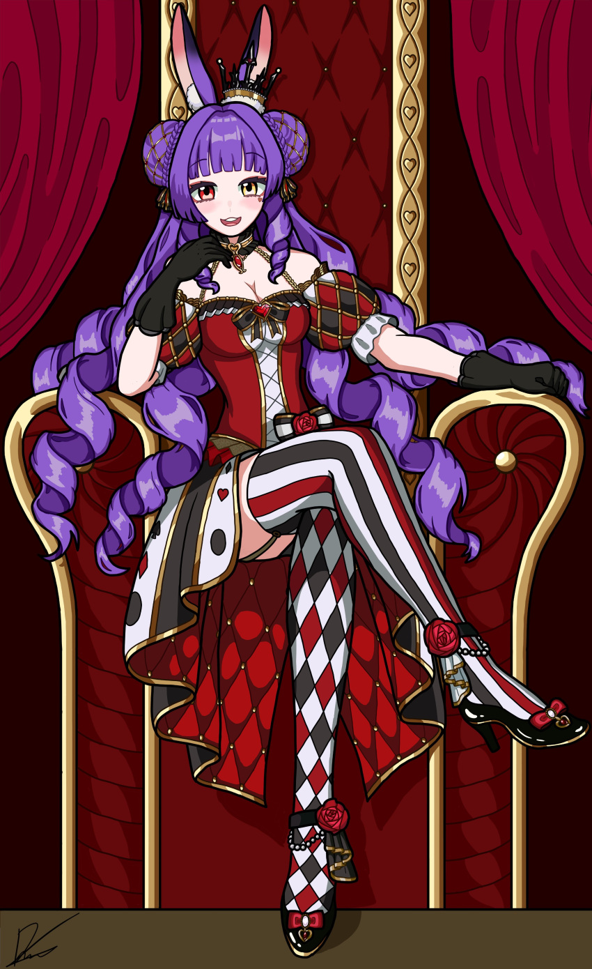 1girl, :d, absurdres, animal_ears, anklet, bare_shoulders, black_and_white_skirt, black_gloves, blunt_bangs, bow, breasts, checkered_socks, choker, corset, crossed_legs, crown, curtains, deltakiryuart, double_bun, flower, frilled_choker, frills, garter_straps, gloves, gold_choker, hair_bun, heterochromia, high_heels, highres, indie_virtual_youtuber, jewelry, long_hair, looking_at_viewer, maddie_(vtuber), medium_breasts, mini_crown, open_clothes, open_skirt, playing_card_theme, purple_hair, quilted_skirt, rabbit_ears, rabbit_girl, red_corset, red_eyes, red_flower, red_rose, ringlets, rose, sitting, sitting_on_throne, skirt, smile, socks, string_of_pearls, striped_clothes, striped_socks, thigh-highs, throne, very_long_hair, virtual_youtuber