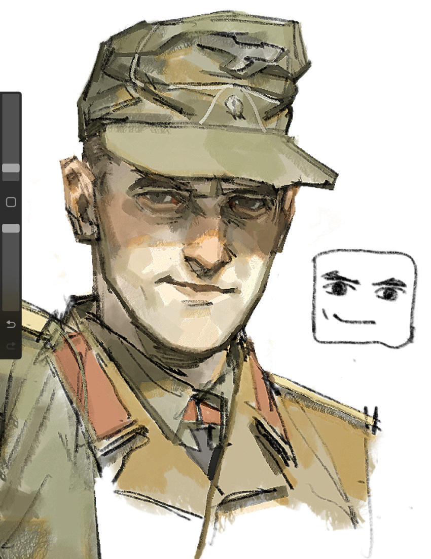 1boy, ecku_(eckiiaaoo), highres, looking_at_viewer, male_focus, meme, military_uniform, original