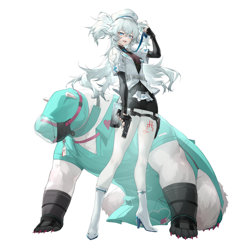 1girl, :d, absurdres, bear, black_dress, black_shirt, blue_eyes, blue_necktie, blush, boots, breasts, commentary_request, dress, fang, florence_(girls'_frontline_2), full_body, girls'_frontline_2:_exilium, girls_frontline, gun, hair_between_eyes, hand_up, handgun, hat, heart, heart-shaped_pupils, high_heel_boots, high_heels, highres, hip_focus, holding, holding_gun, holding_weapon, jacket, legs, long_hair, mab_pa-15, necktie, necktie_lift, pa-15_(girls'_frontline), pantyhose, shanyao_jiang_tororo, shirt, small_breasts, smile, standing, symbol-shaped_pupils, thighs, twintails, two_side_up, very_long_hair, weapon, white_hair, white_jacket