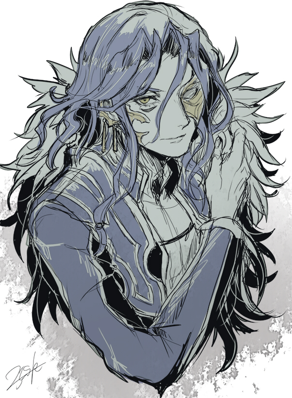 1boy, blue_coat, blue_hair, coat, earrings, eye_mask, fur_trim, grimms_notes