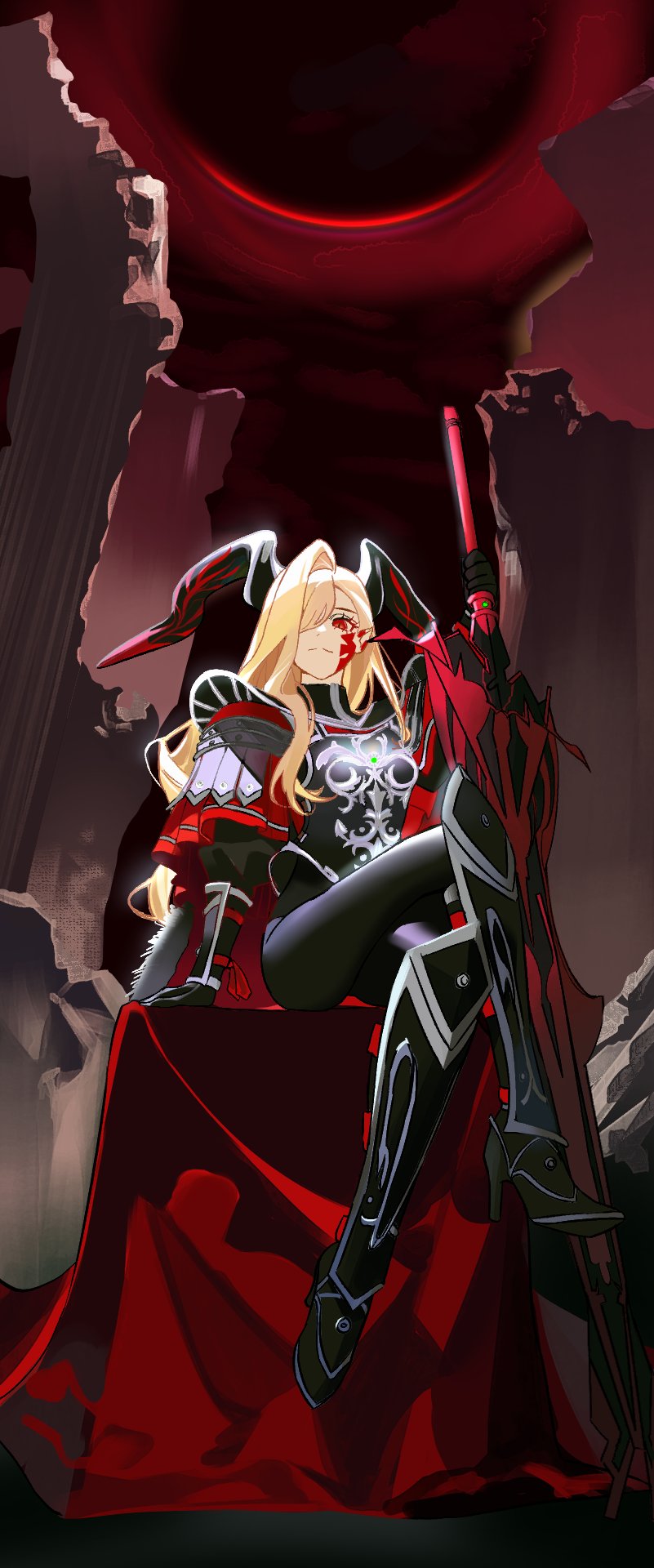 1girl, aestus_estus_(queen_draco), armor, armored_boots, black_armor, black_bodysuit, black_gloves, black_horns