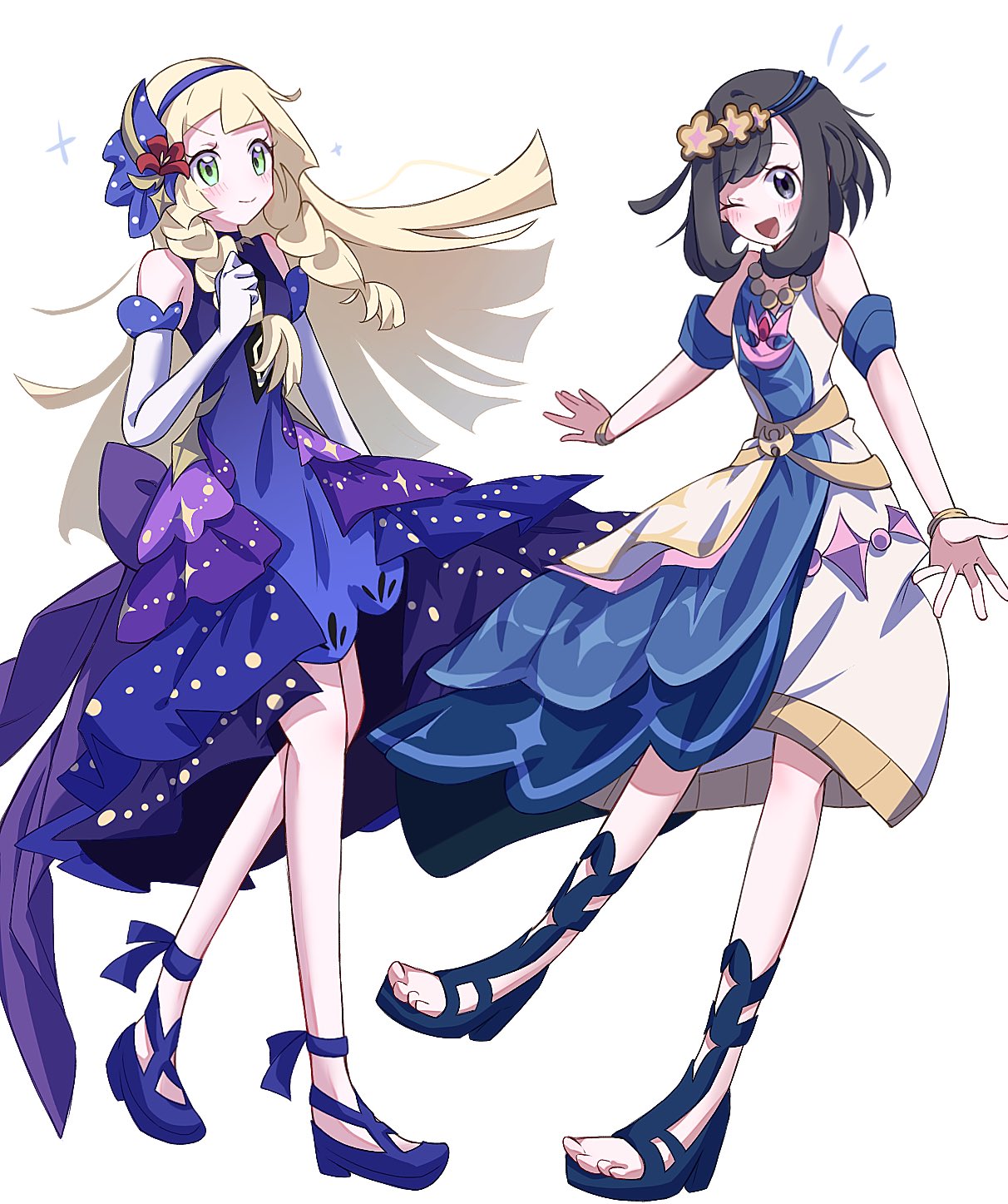 2girls, bare_shoulders, bead_necklace, beads, black_eyes, black_hair, blonde_hair, blue_dress