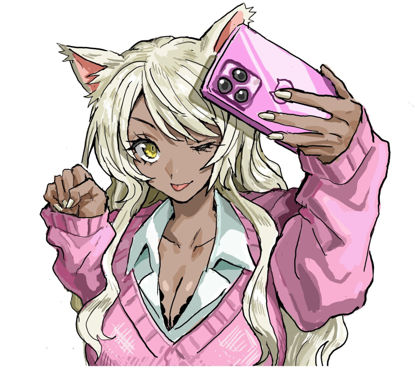 1girl, animal_ears, bakeneko, black_hanekawa, blonde_hair, cat_ears, dark-skinned_female, dark_skin, gyaru, hanekawa_tsubasa, highres, holding, holding_phone, long_hair, monogatari_(series), nari_(nari149528), phone, pink_sweater, solo, sweater