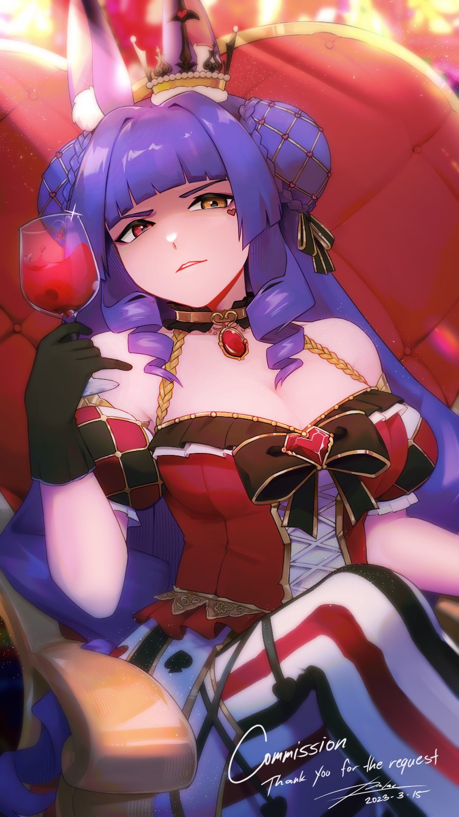1girl, alcohol, animal_ear_fluff, animal_ears, armrest, bare_shoulders, black_bow, black_gloves