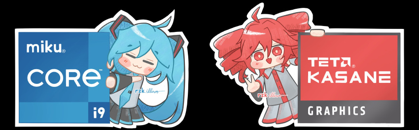 2girls, :3, :d, =_=, absurdres, ahoge, amd, aqua_hair, aqua_necktie, artist_name, black_background, black_skirt, commentary, detached_sleeves, drill_hair, english_commentary, english_text, grey_skirt, hatsune_miku, highres, intel, kasane_teto, kasane_teto_(utau), looking_at_viewer, multiple_girls, necktie, parody, pleated_skirt, radeon, red_eyes, red_hair, red_trim, rzkillust, shirt, simple_background, skirt, sleeveless, sleeveless_shirt, smile, twin_drills, twintails, utau, vocaloid