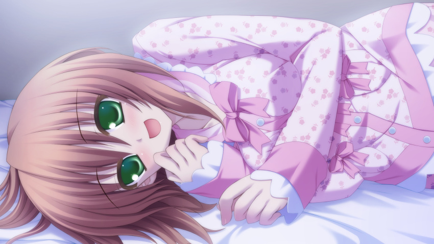aogiri_kotono, brown_hair, canvas_4, close, game_cg, green_eyes, kannon_ouji, pajamas
