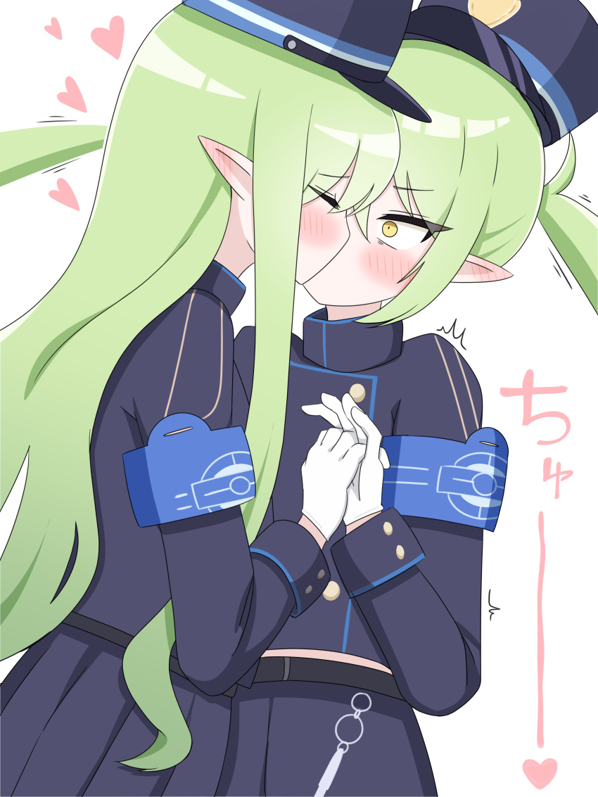 absurdres, armband, black_hat, blue_archive, blue_armband, blush, buttons, double-breasted