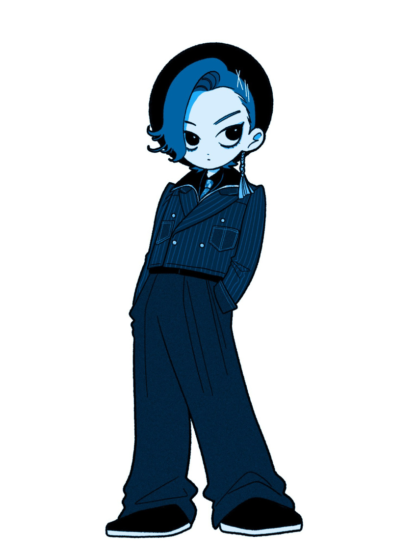 1boy, abinofa, asymmetrical_bangs, baggy_pants, blue_theme, breast_pocket, buttons, closed_mouth