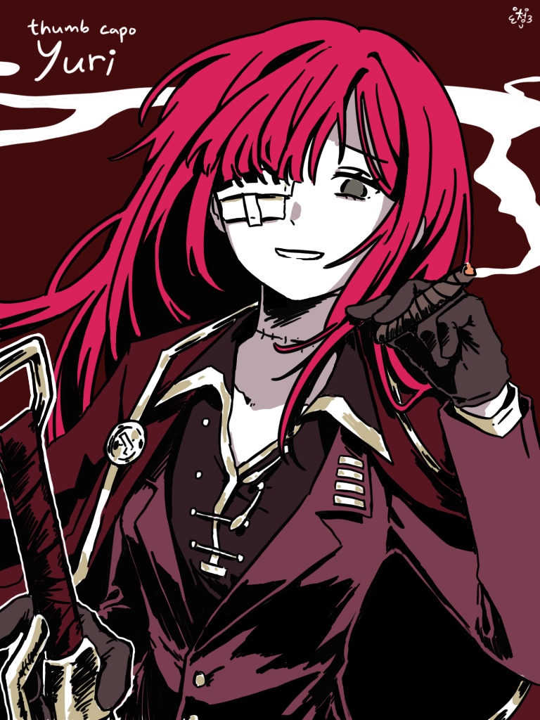 1girl, bandage_over_one_eye, brown_gloves, brown_shirt, character_name, coat, coat_on_shoulders, commentary_request