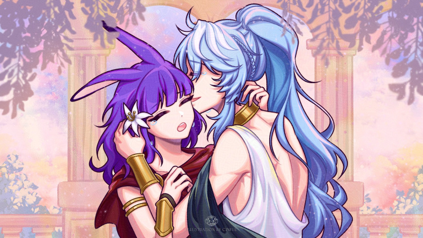 1boy, 1girl, alternate_costume, alternate_hairstyle, ancient_greek_clothes, animal_ears, bare_back, bare_shoulders