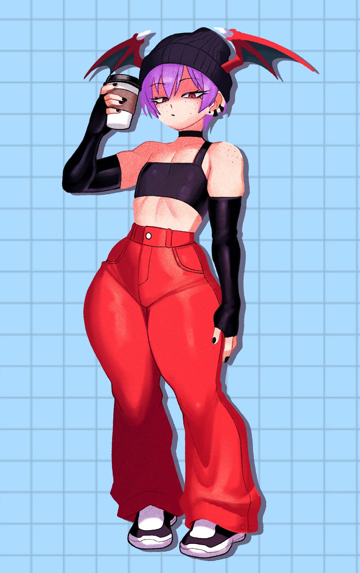 1girl, alternate_costume, bare_shoulders, bat_wings, beanie, black_gloves, black_nails, champchidi, choker, coffee, crop_top, cup, darkstalkers, disposable_coffee_cup, disposable_cup, earrings, elbow_gloves, fingerless_gloves, flat_chest, food, freckles, gloves, hat, head_wings, high-waist_pants, highres, holding, holding_cup, holding_food, horns, jewelry, lilith_(darkstalkers), looking_at_viewer, midriff, nail_polish, navel, pants, piercing, purple_hair, red_eyes, red_pants, shoes, short_hair, sneakers, solo, standing, streetwear, wide_hips, wings