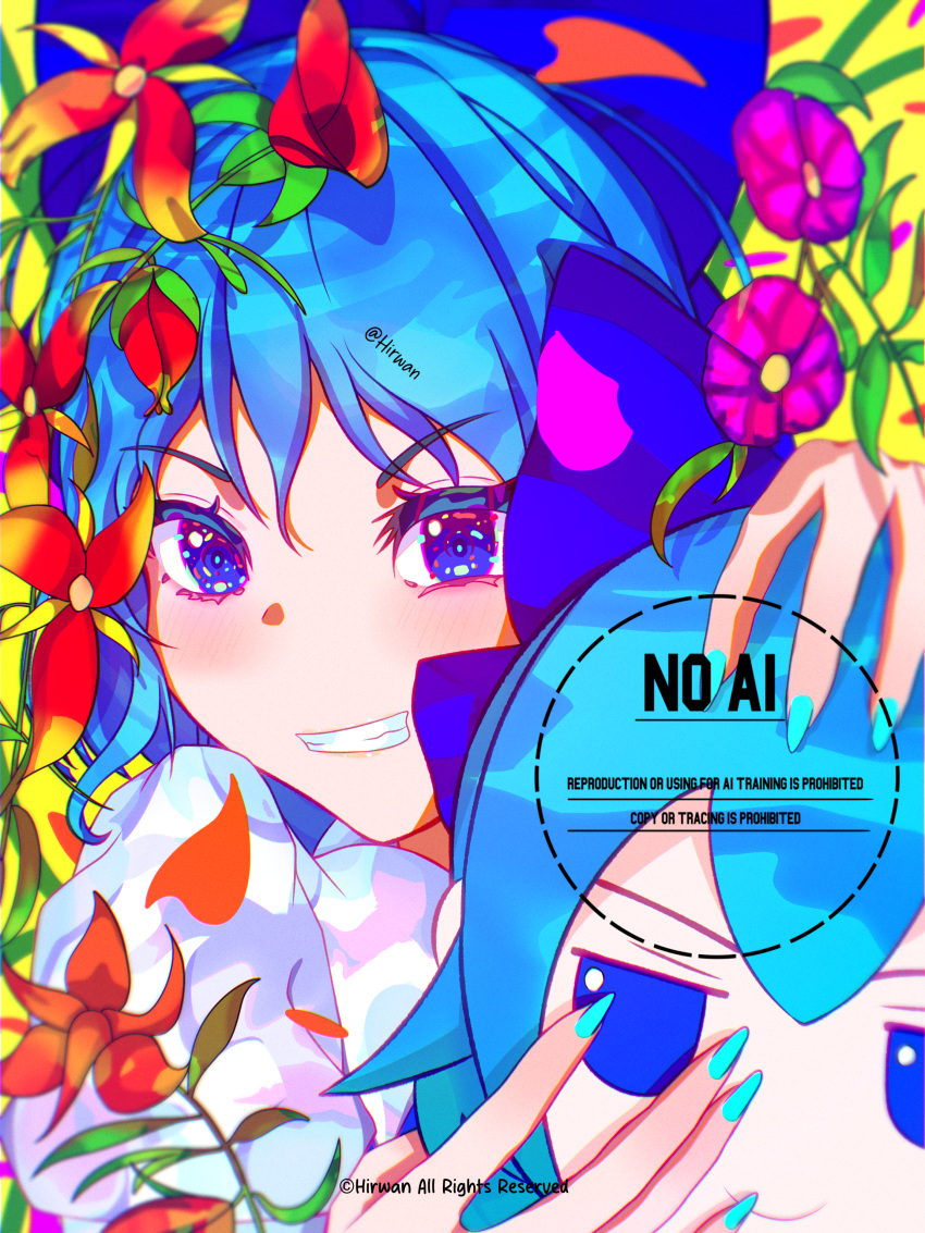 absurdres, blue_bow, blue_dress, blue_hair, bow, cirno, dress, fairy