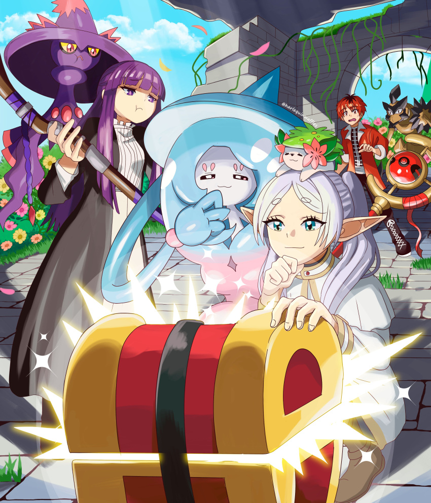 1boy, 2girls, absurdres, black_coat, capelet, coat, crossover, day