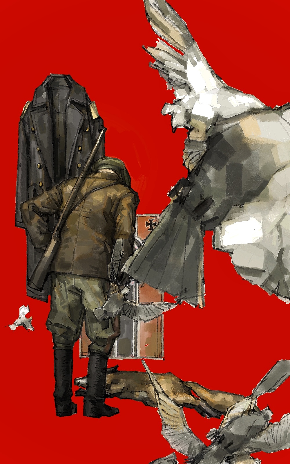 1boy, bird, boots, dead_animal, duck, ecku_(eckiiaaoo), flag, fox