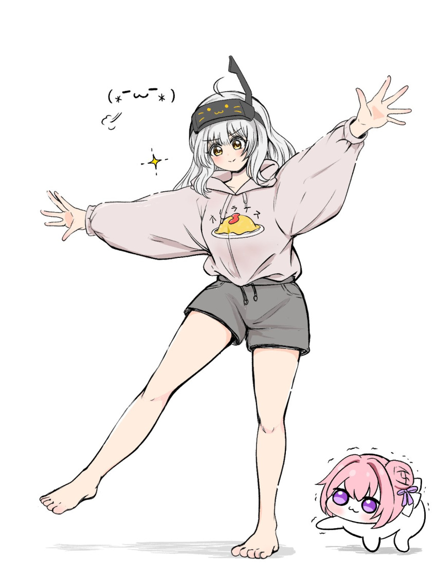 2girls, :3, balancing_on_leg, barefoot, creature, doro_(nikke), emoji, flower-shaped_hair