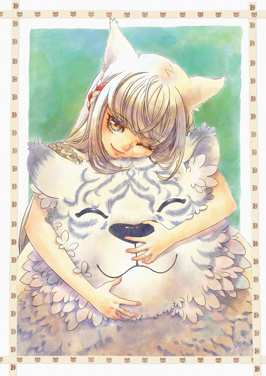 1girl, ^_^, border, cat, cat_girl, closed_eyes, closed_mouth, commentary