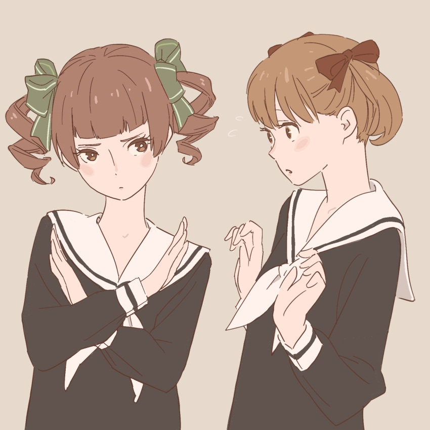 2girls, 55bata6rou, black_shirt, blunt_bangs, blush, brown_eyes, brown_hair, closed_mouth