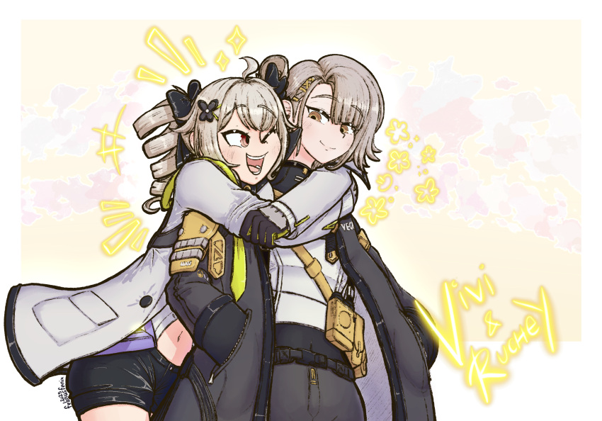 2girls, ahoge, black_bow, black_jacket, black_pants, black_shorts, blush, bow