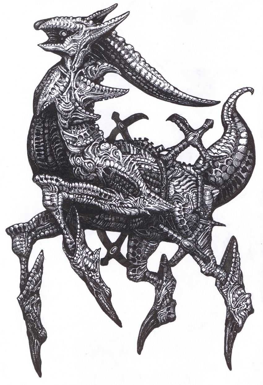 arceus, chomahu, commentary_request, full_body, h.r._giger_(style), highres, monochrome, monsterification