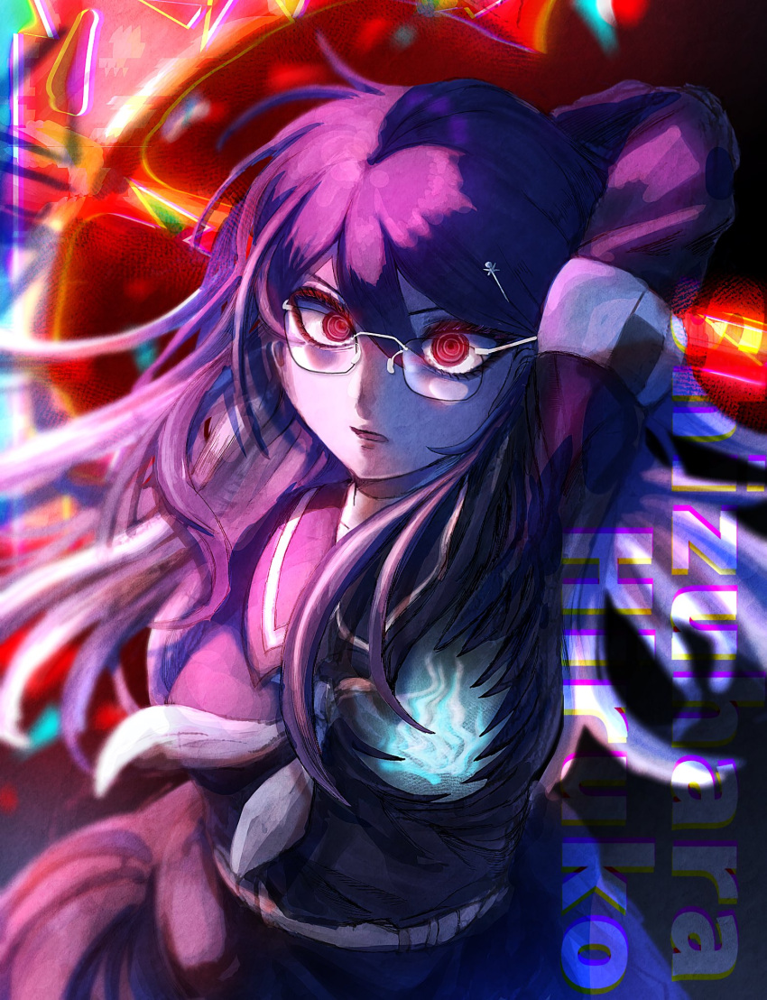 1girl, @_@, arm_behind_back, eyelashes, glasses, highres, long_hair, neckerchief, nn_2jy, open_mouth, purple_hair, red_eyes, shizuhara_hiruko, solo, the_hundred_line_-last_defense_academy-, watermark, white_neckerchief