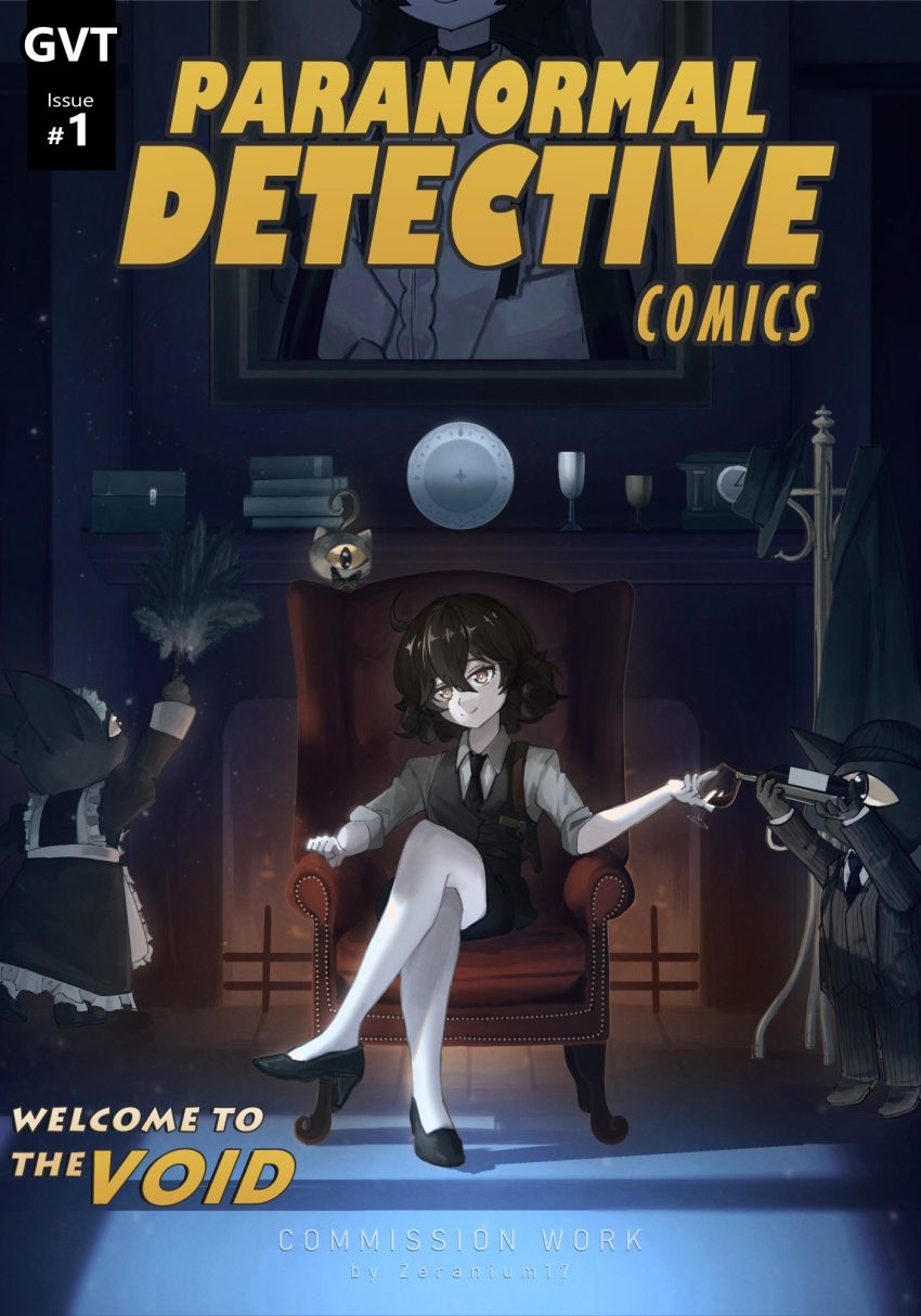 1930s_fashion, alcohol, alternate_costume, alternate_hair_length, alternate_hairstyle, armchair, black_hair, black_necktie