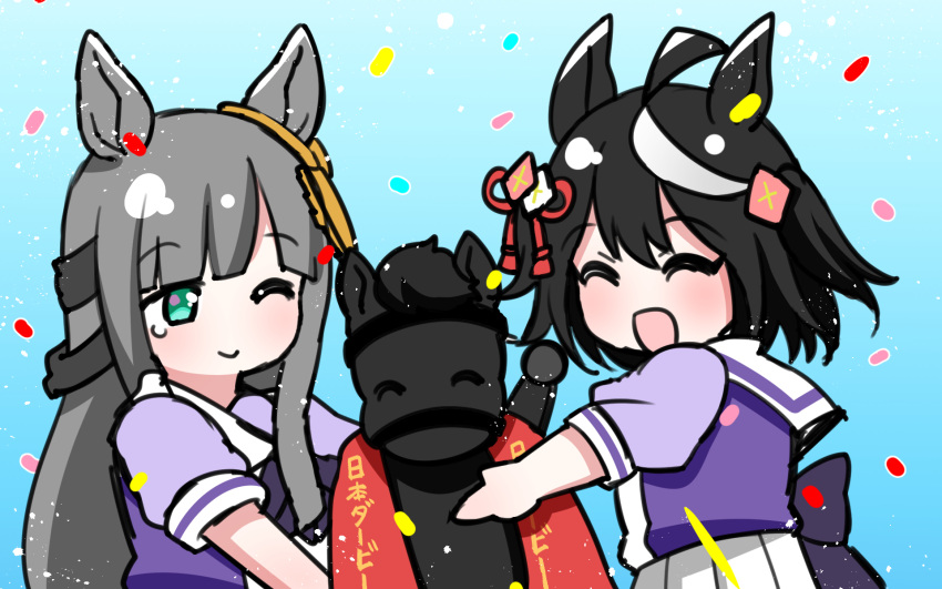 2girls, ahoge, aramori_susumu, black_hair, blue_eyes, blunt_bangs, blush, chrono_genesis_(umamusume)