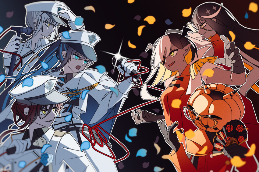 6+girls, ado_(utaite), black_background, black_gloves, black_hair, blue_brooch, carpenter_(ado), cat