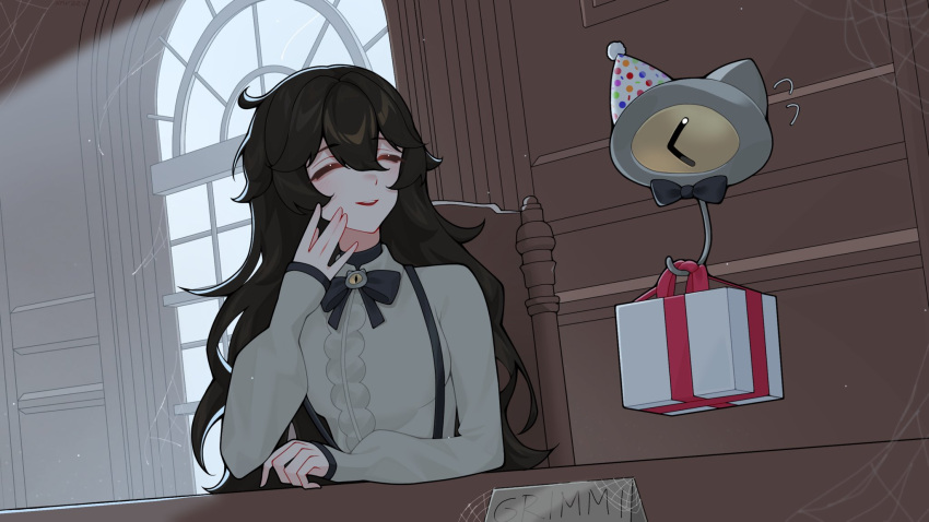 1930s_fashion, black_bow, black_bowtie, black_hair, blouse, bow, bowtie, box