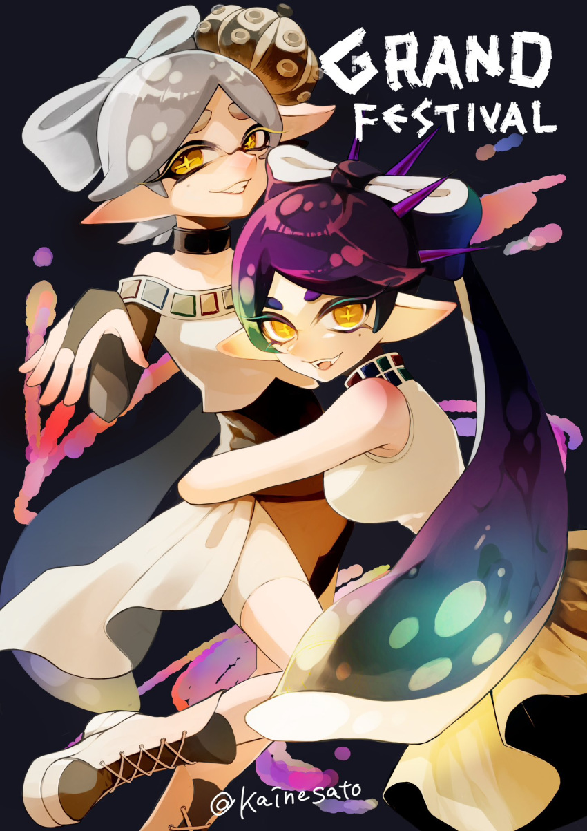 2girls, arms_up, boots, bow-shaped_hair, callie_(grand_festival)_(splatoon), callie_(splatoon), colored_eyelashes, commentary_request, cousins, crown, english_text, eyelashes, gradient_hair, green_hair, highres, hug, inkling, kainesato, long_hair, looking_at_viewer, marie_(grand_festival)_(splatoon), marie_(splatoon), mole, mole_under_eye, multicolored_hair, multiple_girls, official_alternate_costume, open_mouth, purple_hair, short_hair, smile, splatoon_(series), splatoon_3, standing, tentacle_hair, thick_eyebrows, twintails, two-tone_hair, yellow_eyes