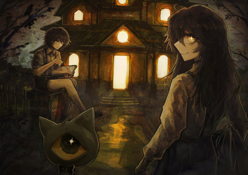 1930s_fashion, 1boy, 1girl, black_hair, black_shoes, black_skirt, book, bow, bowtie, brother_and_sister, fence, gaspar_(grimmivt), grimmi_(vtuber), highres, house, indie_virtual_youtuber, long_hair, looking_at_viewer, looking_back, mansion, night, outdoors, pale_skin, reading, reiju_n1337, reiju_niboshi, shirt, shoes, short_hair, shorts, siblings, sitting, sitting_on_object, skelter_(grimmivt), skirt, smile, socks, suspender_skirt, suspenders, tree, white_shirt, yellow_eyes