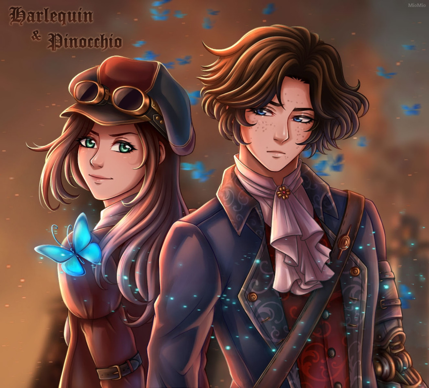 1boy, 1girl, ascot, back-to-back, black_hair, blue_butterfly, blue_eyes, brown_hair