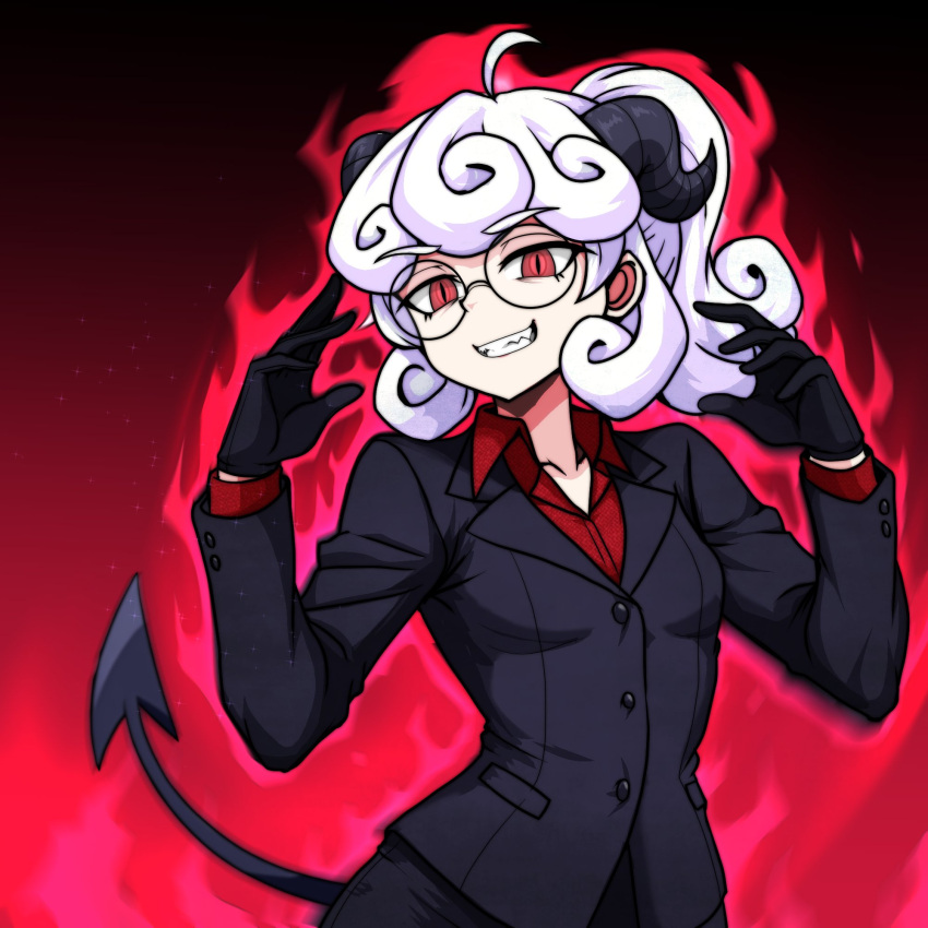 1girl, aura, black_gloves, black_horns, black_skirt, black_tail, breasts, buttons