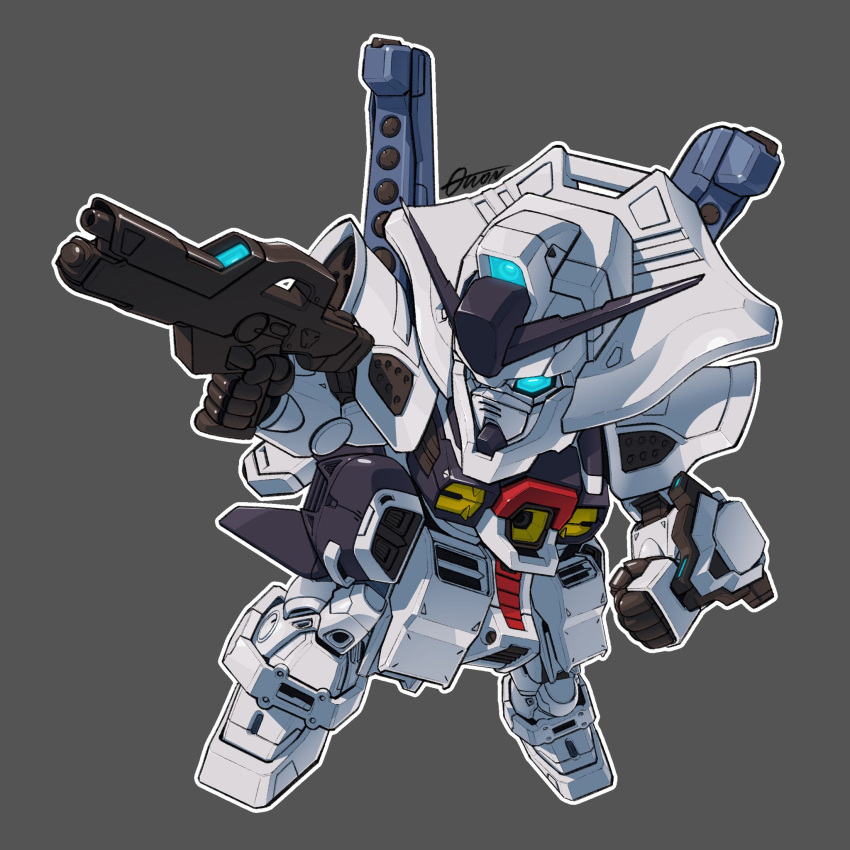 beam_rifle, blue_eyes, chibi, energy_gun, english_commentary, fusion, g-saviour_gundam, grey_background, gun, gundam, gundam_g-saviour, highres, holding, holding_gun, holding_weapon, mecha, mobile_suit, ms-rai, no_humans, robot, science_fiction, sd_gundam, signature, solo, toilobo, v-fin, weapon