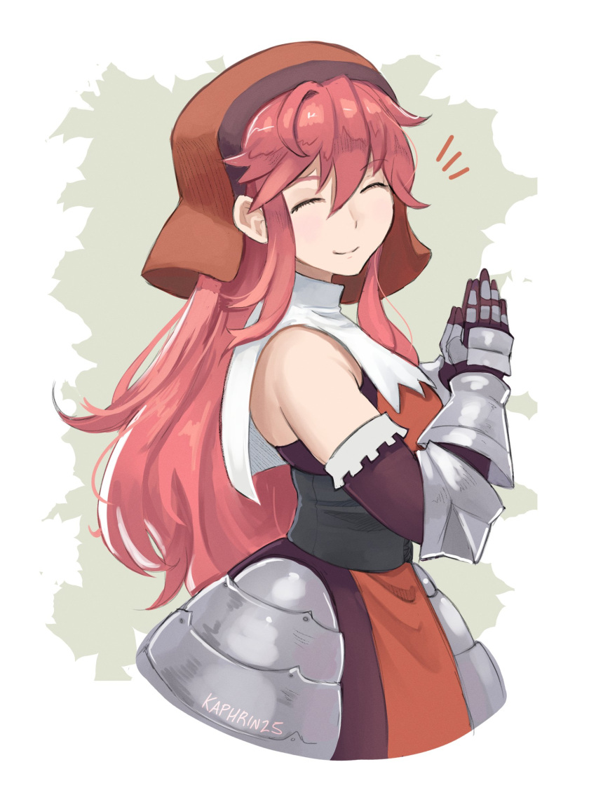1girl, ^_^, armor, artist_name, closed_eyes, closed_mouth, commentary, detached_sleeves