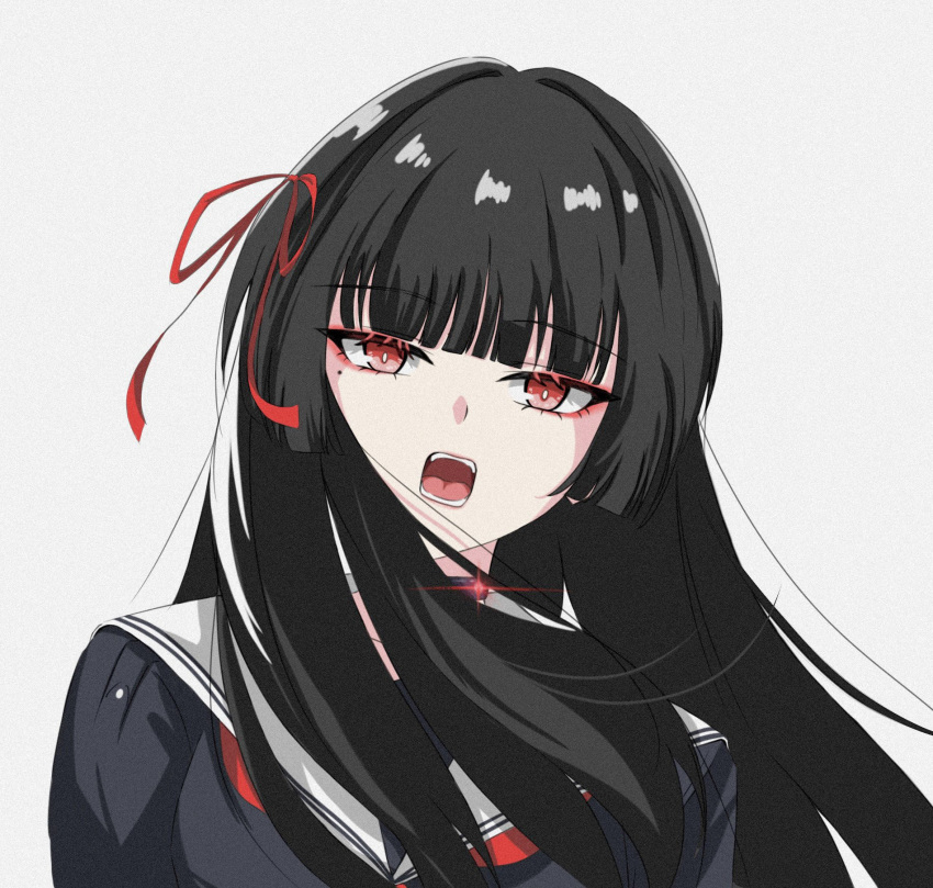 1girl, aduyaiii, black_hair, black_shirt, blunt_bangs, chisa_(wuthering_waves), commentary, eyeshadow, hair_ribbon, hashtag-only_commentary, highres, leaning_to_the_side, long_hair, looking_at_viewer, makeup, mole, mole_under_eye, open_mouth, red_eyes, red_eyeshadow, red_ribbon, ribbon, school_uniform, serafuku, shirt, simple_background, solo, upper_body, white_background, wuthering_waves