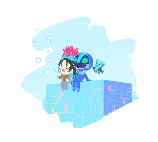 1boy, 1girl, altea_(digimon), blue_bodysuit, blue_eyes, blue_helmet, bodysuit, brown_sweater, chibi, digimon, digimon_(creature), digimon_card_game, digimon_liberator, digua92537359, espimon, glasses, green_eyes, helmet, on_head, sangomon, semi-rimless_eyewear, sitting, sweater, under-rim_eyewear, yao_qinglan