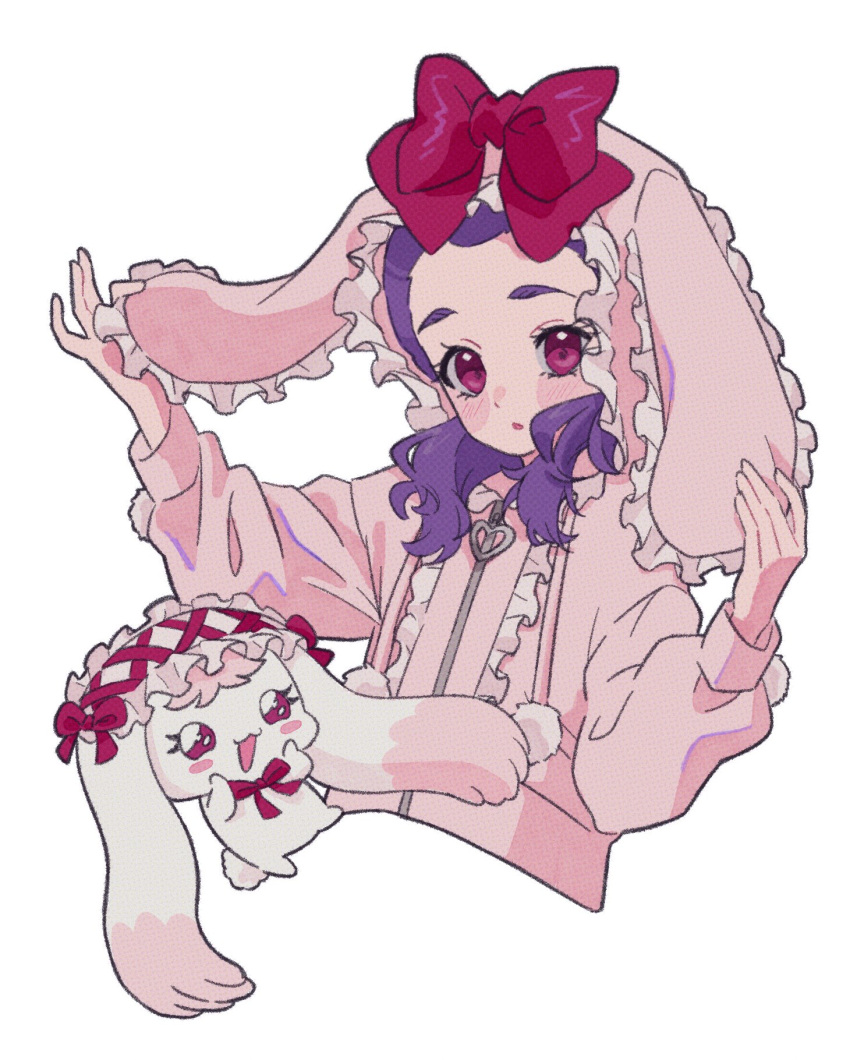 1girl, :o, animal_ears, blush, bow, hands_on_animal_ears, highres, looking_at_viewer, milk_(yes!_precure_5), mimino_kurumi, official_alternate_costume, pink_eyes, pink_sweater, precure, purple_hair, rabbit, red_bow, shigen_pr, sweater, thick_eyebrows, white_background, yes!_precure_5, yes!_precure_5_gogo!