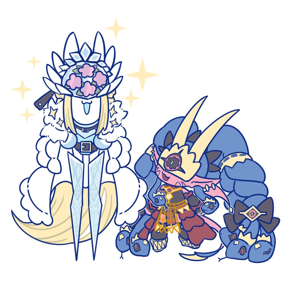cendrillmon, crown, digimon, digimon_(creature), earrings, jewelry, looking_at_another, mask, medusamon, pointy_ears, snake, snake_hair, sparkle, yagi_kiki