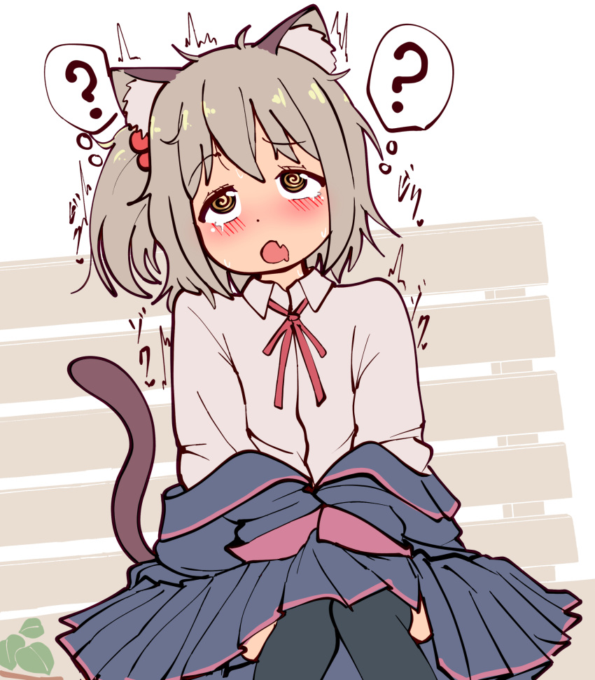 1boy, ?, @_@, animal_ears, black_thighhighs, blue_jacket, blue_skirt, brown_eyes, cat_ears, cat_tail, crossdressing, drooling, fake_animal_ears, fake_tail, fang, grey_hair, highres, jacket, long_sleeves, male_focus, medium_skirt, mouth_drool, nari_(narinari), on_bench, onii-chan_wa_oshimai!, otoko_no_ko, red_ribbon, ribbon, senkawa_minato, shirt, side_ponytail, simple_background, sitting, skirt, solo, speech_bubble, tail, thigh-highs, thought_bubble, unworn_jacket, white_background, white_shirt