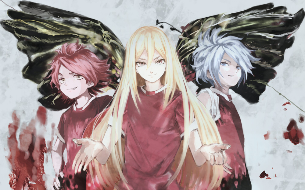 afuro_terumi, bad_id, blonde_hair, blue_eyes, ecror, fire_dragon_(inazuma_eleven), inazuma_eleven, inazuma_eleven_(series), long_hair, multiple_boys, nagumo_haruya, red_hair, redhead, short_hair, smile, soccer_uniform, suzuno_fuusuke, white_hair, yellow_eyes