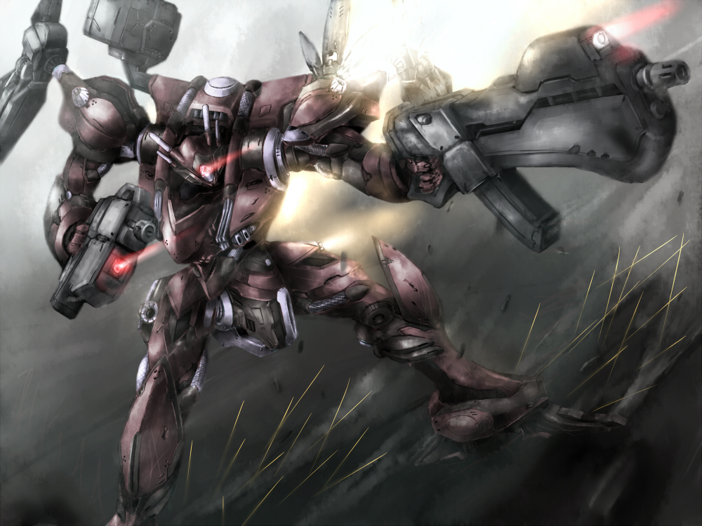 armored_core:_for_answer, armored_core_4, character_request, dual_wielding, glowing, glowing_eyes, gun, mecha
