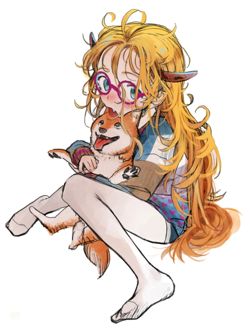 1girl, barefoot, blonde_hair, bosako_(haguhagu), commentary_request, dog, glasses, green_eyes