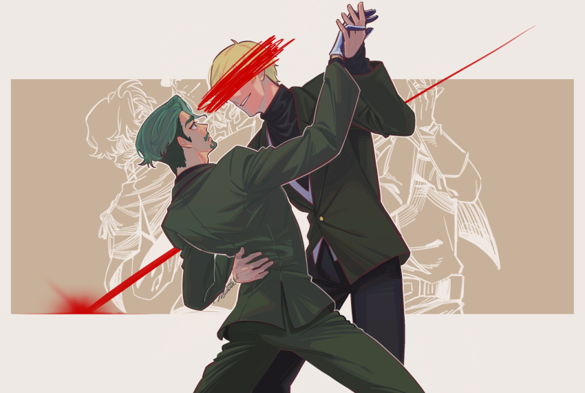 2boys, beard, black_shirt, blonde_hair, brown_background, censored, censored_identity, challia_bull