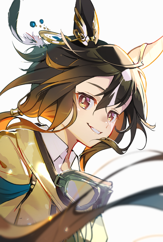 1girl, animal_ears, brown_eyes, brown_hair, collared_shirt, commentary_request, ear_covers, from_side