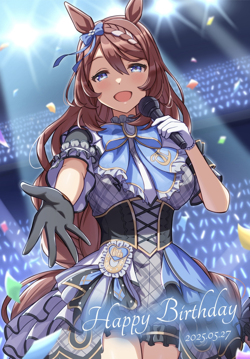 1girl, :d, animal_ears, asymmetrical_gloves, birthday, black_gloves, blue_bow, blue_bowtie