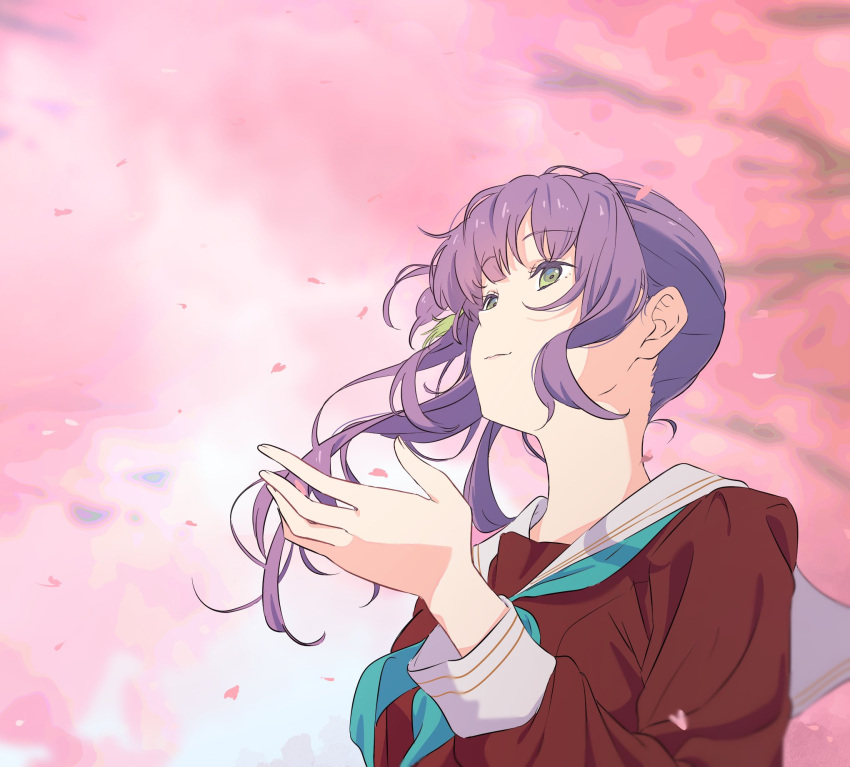 1girl, aqua_neckerchief, blurry, blurry_background, brown_dress, cherry_blossoms, closed_mouth, dress