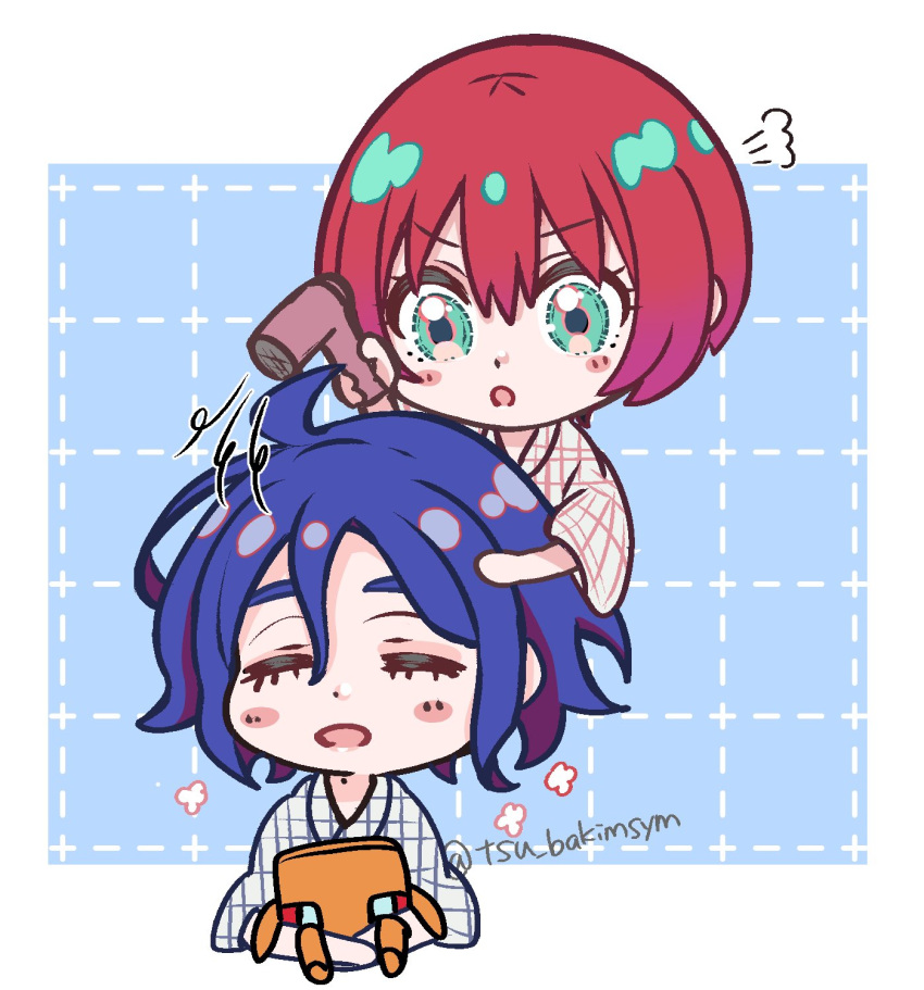 1boy, 1girl, amate_yuzuriha, aqua_eyes, artist_name, blue_background, blue_hair, blush