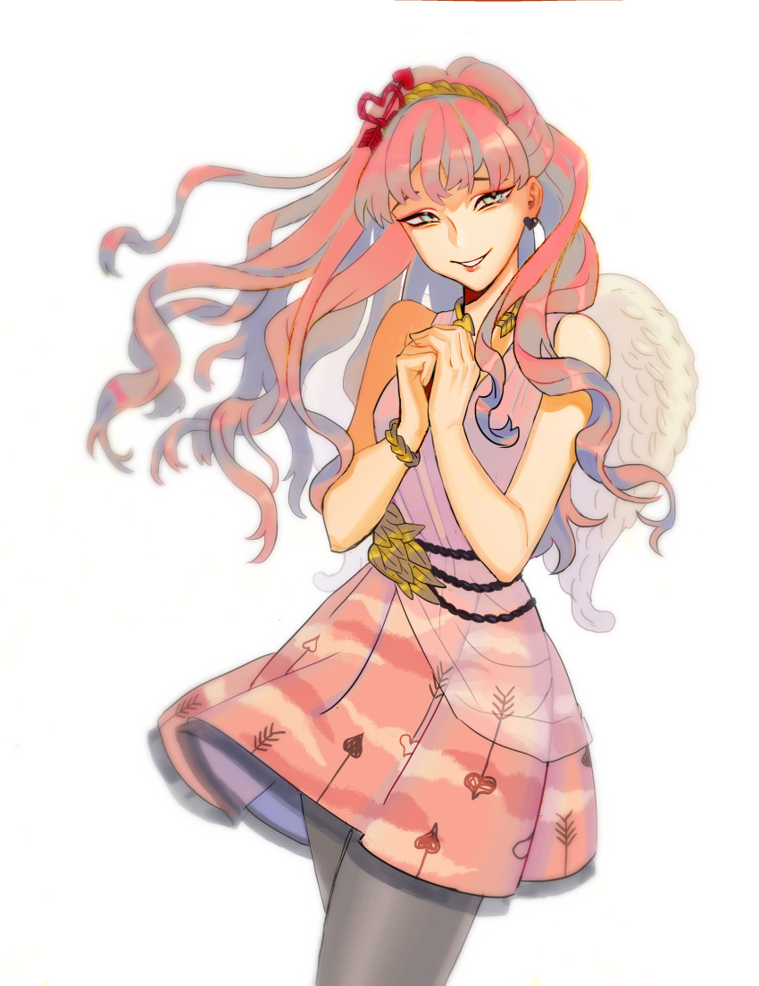 1girl, absurdres, aegyo_sal, arrow_print, arrow_through_heart, bare_arms, bare_shoulders, blue_eyes