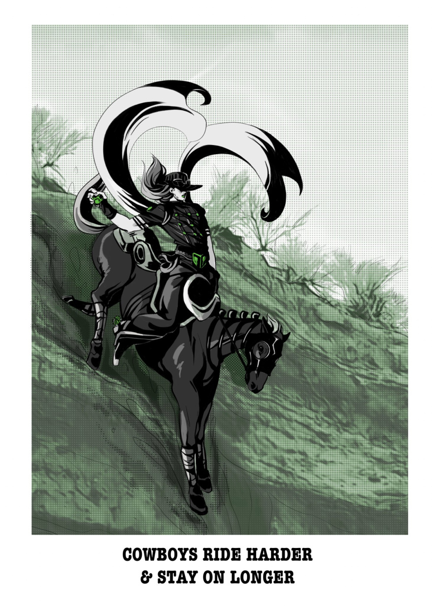 belt_buckle, border, buckle, cape, commentary, cowboy_hat, english_text, finn_ivann, goggles, goggles_on_headwear, greyscale, gyro_zeppeli, hat, highres, horseback_riding, jojo_no_kimyou_na_bouken, male_focus, mask, mask_on_head, monochrome, riding, short_sleeves, spot_color, spurs, steel_ball_(jojo), steel_ball_run, valkyrie_(jojo), white_border