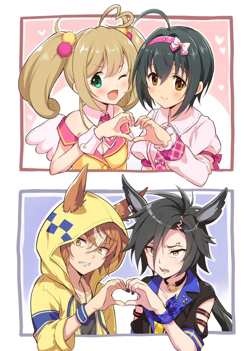 4girls, ;d, ahoge, air_shakur_(umamusume), animal_ears, black_hair, black_jacket, blush